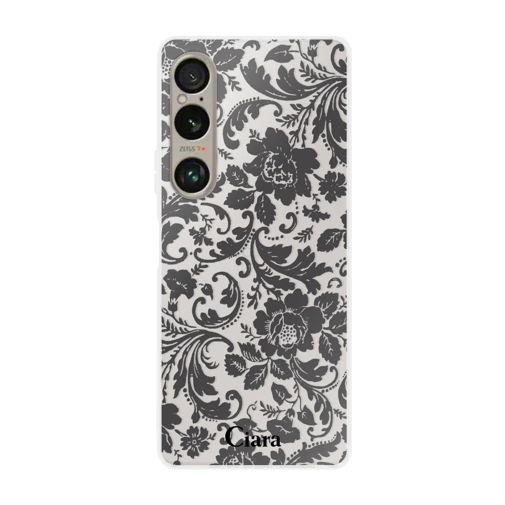 Xperia1VIケース クリアケース ヴィンテージフラワー ブラック