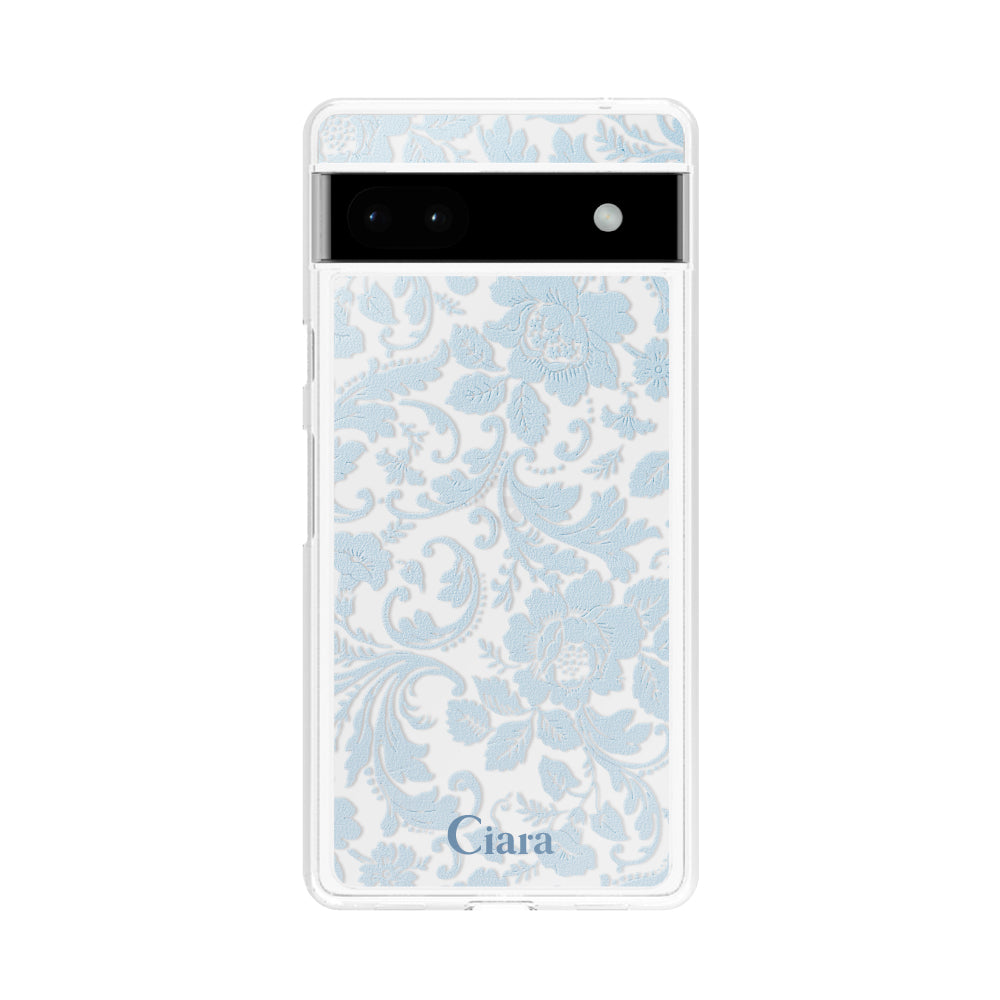 GooglePixel6a クリアケース ヴィンテージフラワー ブルー