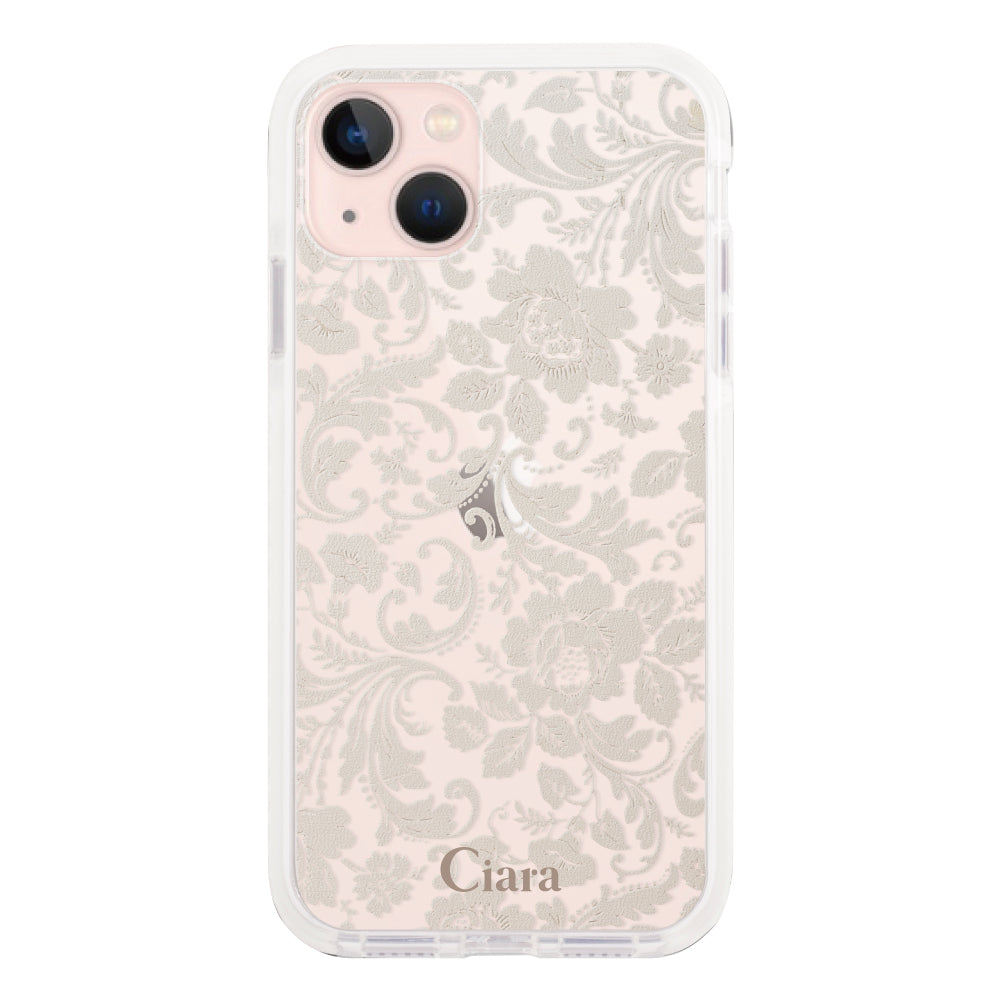 iPhone13 クッションバンパー 耐衝撃クリアケース ヴィンテージフラワー ピンク