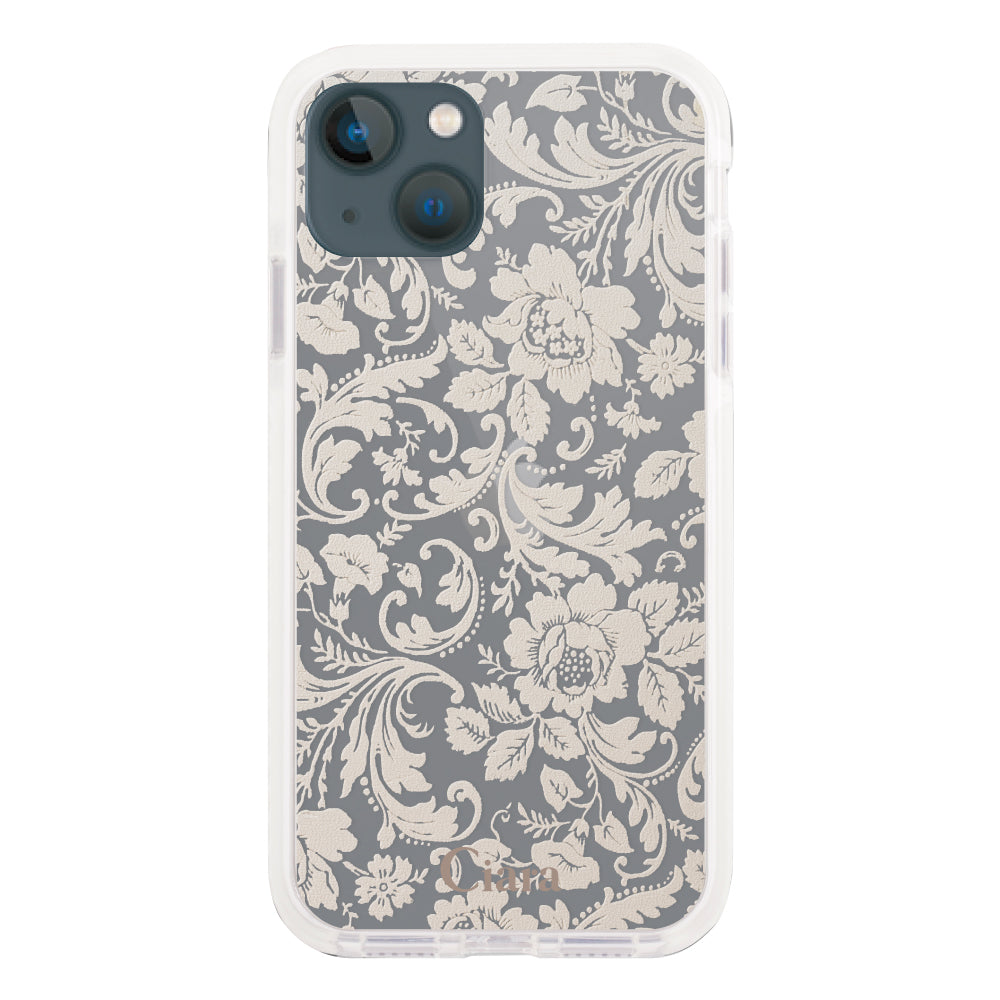iPhone13mini クッションバンパー 耐衝撃クリアケース ヴィンテージフラワー ピンク
