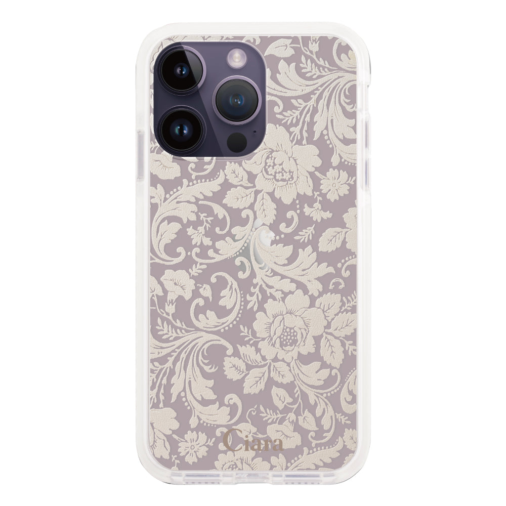 iPhone14ProMax クッションバンパー 耐衝撃クリアケース ヴィンテージフラワー ピンク