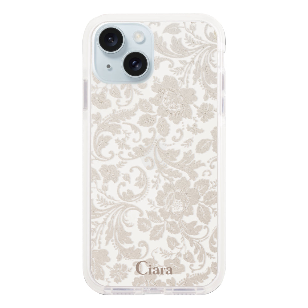 iPhone15Plus クッションバンパー 耐衝撃クリアケース ヴィンテージフラワー ピンク