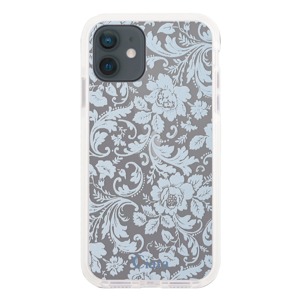 iPhoneXR クッションバンパー 耐衝撃クリアケース ヴィンテージフラワー ブルー