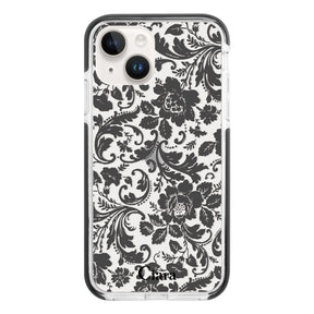 iPhone14 クッションバンパー 耐衝撃クリアケース ヴィンテージフラワー ブラック
