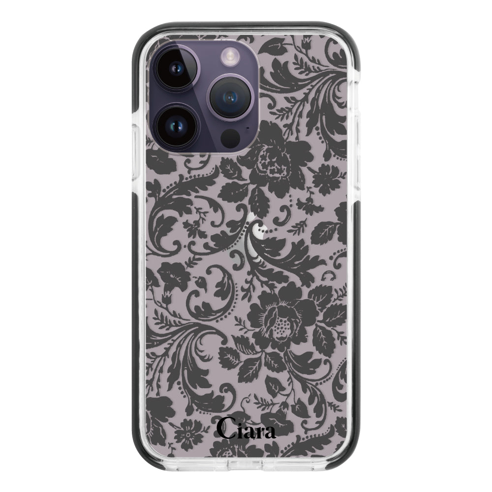 iPhone14ProMax クッションバンパー 耐衝撃クリアケース ヴィンテージフラワー ブラック