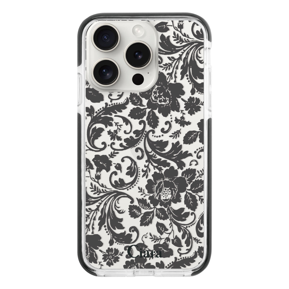 iPhone15ProMax クッションバンパー 耐衝撃クリアケース ヴィンテージフラワー ブラック