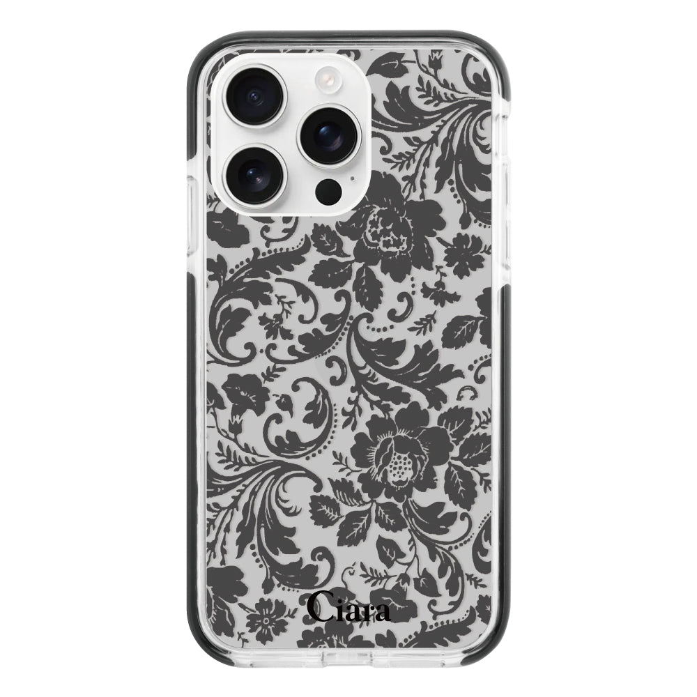 iPhone16ProMax クッションバンパー 耐衝撃クリアケース ヴィンテージフラワー ブラック