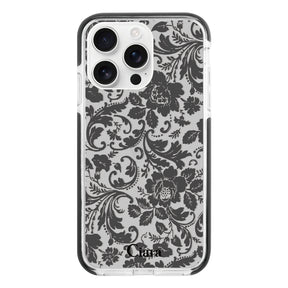 iPhone16ProMax クッションバンパー 耐衝撃クリアケース ヴィンテージフラワー ブラック