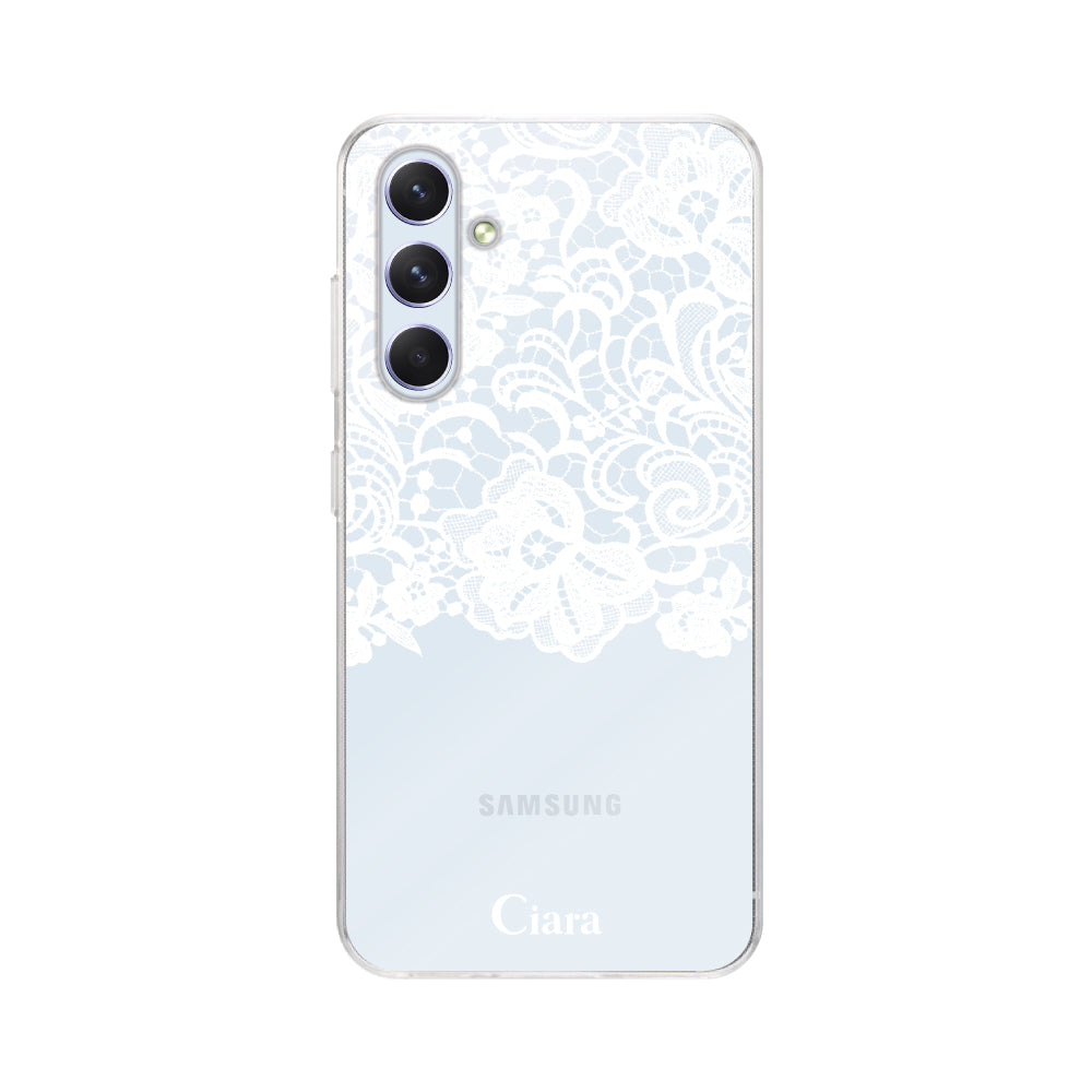 GalaxyA55ケース クリアケース ファブリックカラーレース ホワイト