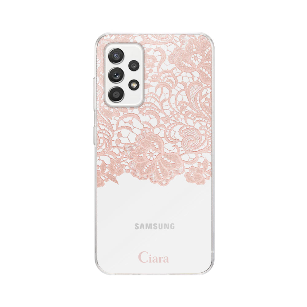 GalaxyA52ケース クリアケース ファブリックカラーレース ピンク