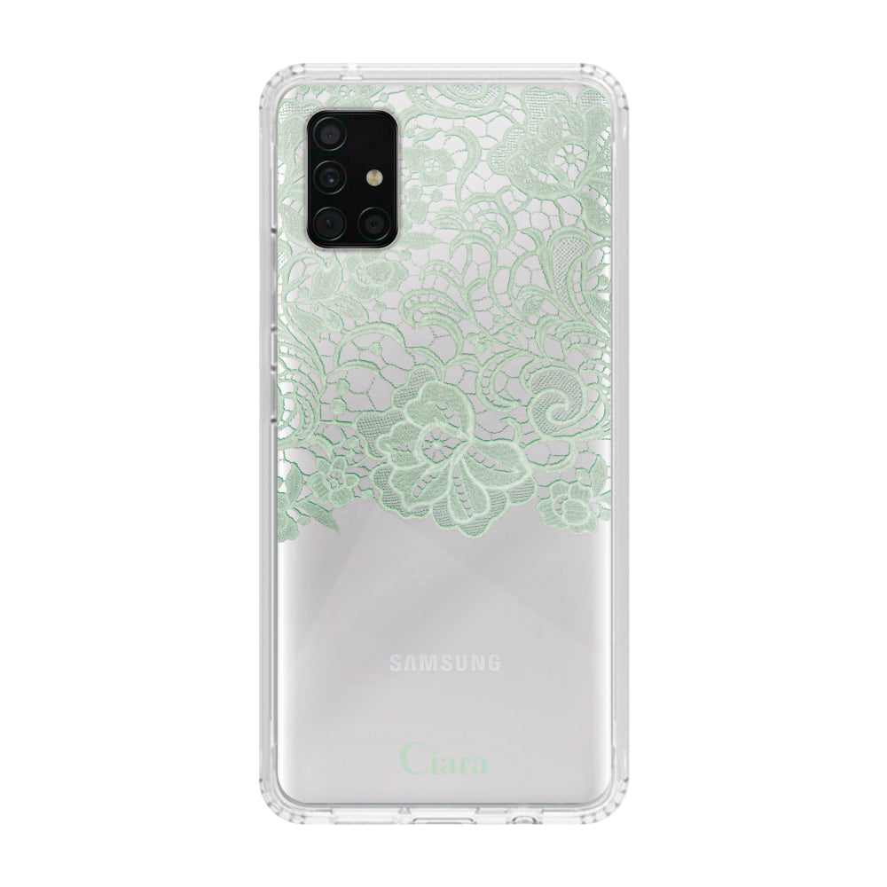 GalaxyA51ケース クリアケース ファブリックカラーレース グリーン