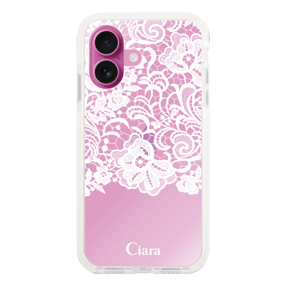 iPhone16Plusケース クッションバンパー 耐衝撃クリアケース ファブリックカラーレース ホワイト