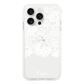 iPhone16ProMax クッションバンパー 耐衝撃クリアケース ファブリックカラーレース ホワイト