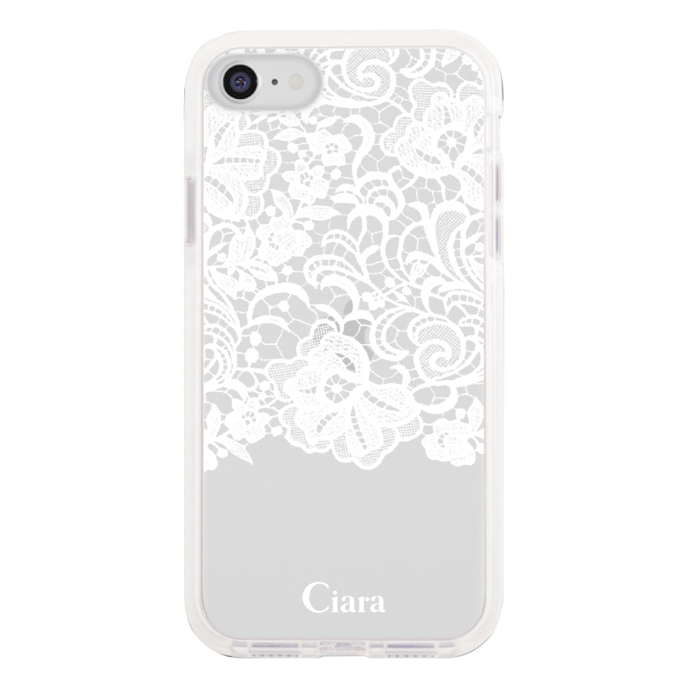 iPhone7/8/SE2/SE3 クッションバンパー 耐衝撃クリアケース ファブリックカラーレース ホワイト