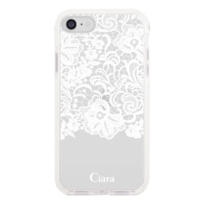 iPhone7/8/SE2/SE3 クッションバンパー 耐衝撃クリアケース ファブリックカラーレース ホワイト