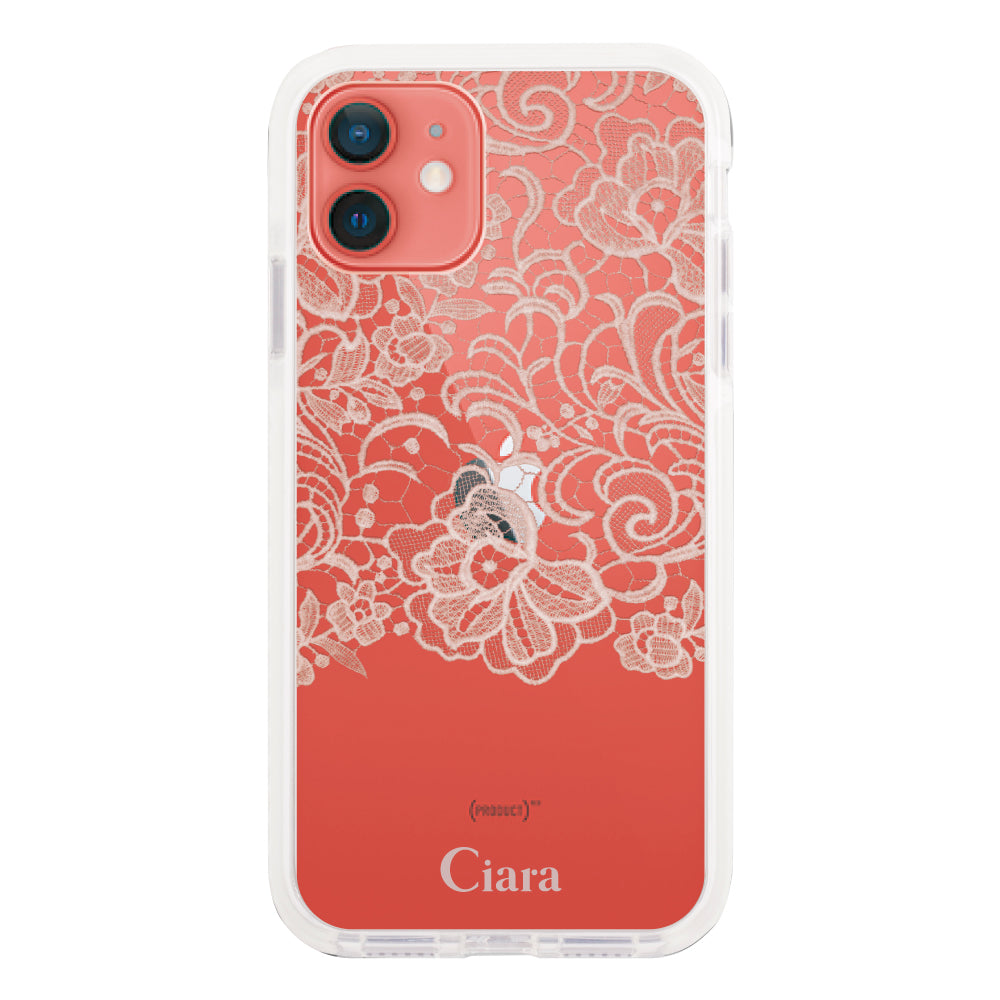 iPhone11 クッションバンパー 耐衝撃クリアケース ファブリックカラーレース ピンク