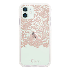 iPhone12mini クッションバンパー 耐衝撃クリアケース ファブリックカラーレース ピンク