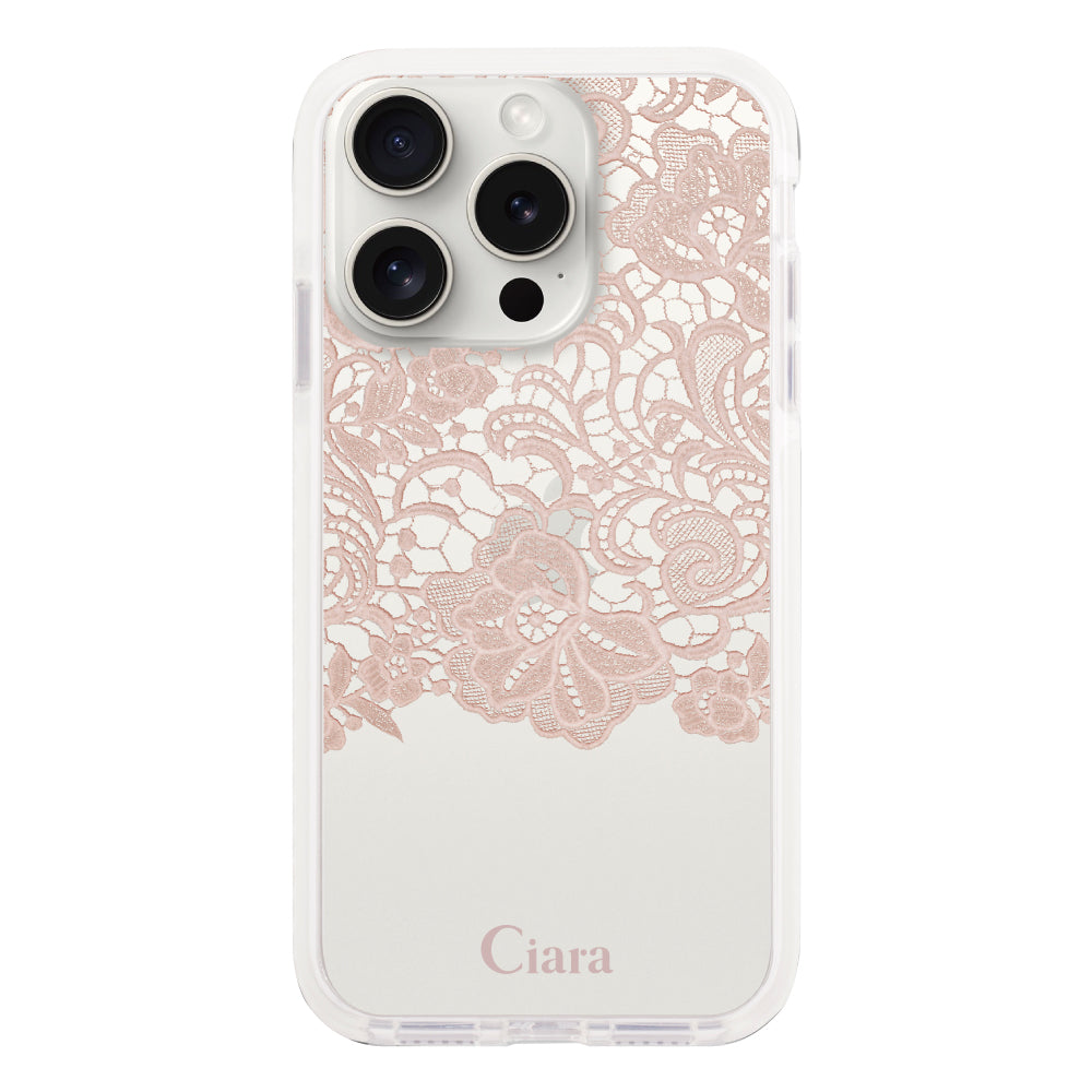 iPhone15ProMax クッションバンパー 耐衝撃クリアケース ファブリックカラーレース ピンク