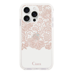 iPhone16ProMax クッションバンパー 耐衝撃クリアケース ファブリックカラーレース ピンク