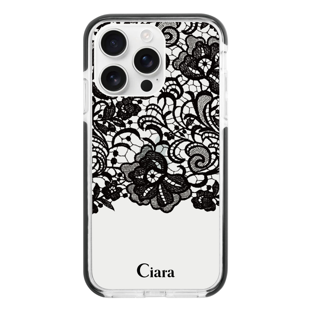 iPhone16ProMaxケース クッションバンパー 耐衝撃クリアケース ファブリックカラーレース ブラック