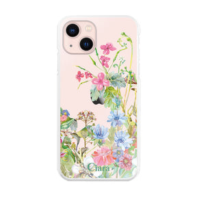 iPhone13 ハイブリッド クリアケース ボタニカルフラワー ピンク