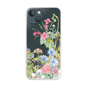 iPhone13mini ハイブリッド クリアケース ボタニカルフラワー ピンク