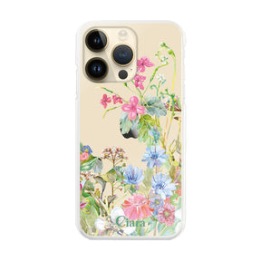 iPhone14Pro ハイブリッド クリアケース ボタニカルフラワー ピンク