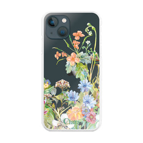 iPhone13mini ハイブリッド クリアケース ボタニカルフラワー オレンジ