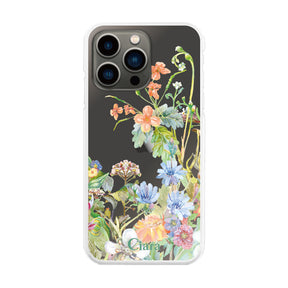 iPhone13Pro ハイブリッド クリアケース ボタニカルフラワー オレンジ