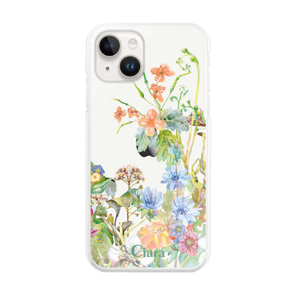iPhone14 ハイブリッド クリアケース ボタニカルフラワー オレンジ