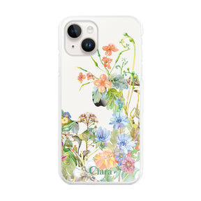 iPhone14 ハイブリッド クリアケース ボタニカルフラワー オレンジ