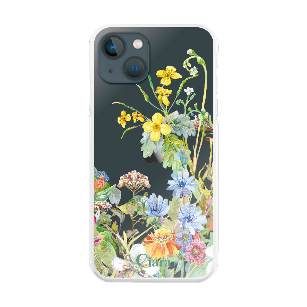 iPhone13mini ハイブリッド クリアケース ボタニカルフラワー イエロー