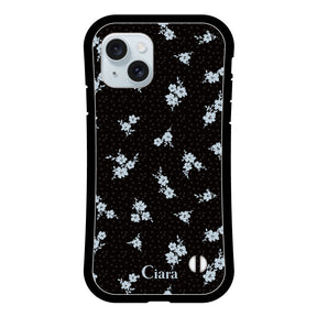 iPhone15Plus グリップ 耐衝撃ケース ドットフラワー ブラック