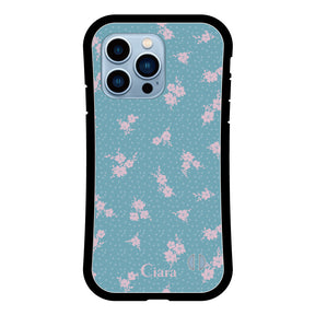iPhone13ProMax グリップ 耐衝撃ケース ドットフラワー ブルー