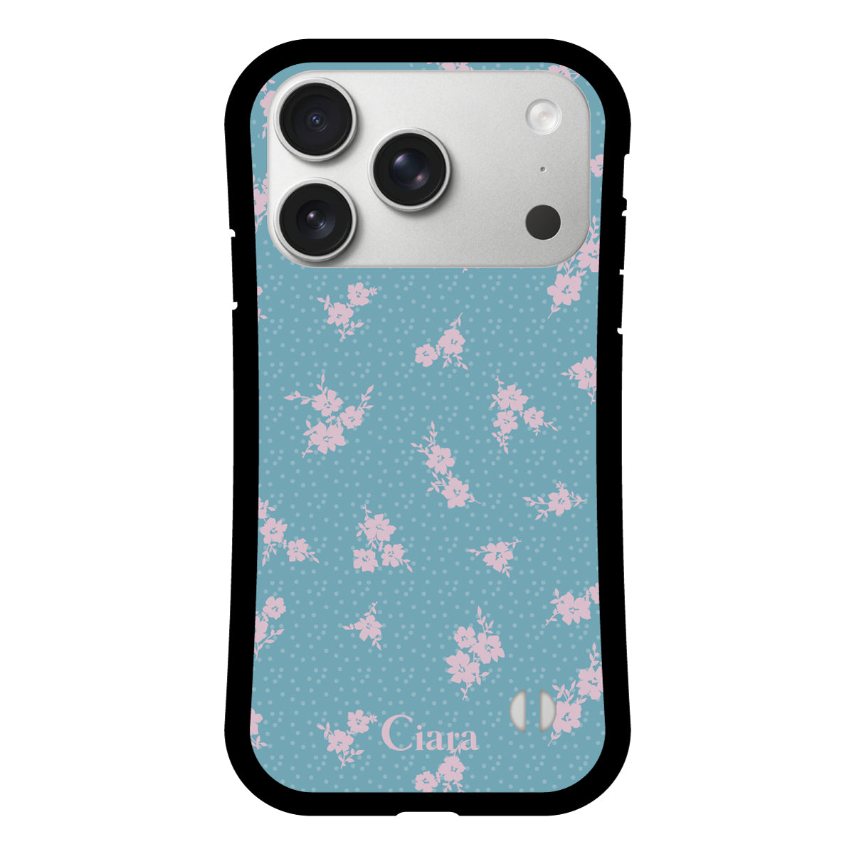 iPhone17Pro グリップ 耐衝撃ケース ドットフラワー ブルー