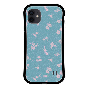 iPhoneXR グリップ 耐衝撃ケース ドットフラワー ブルー
