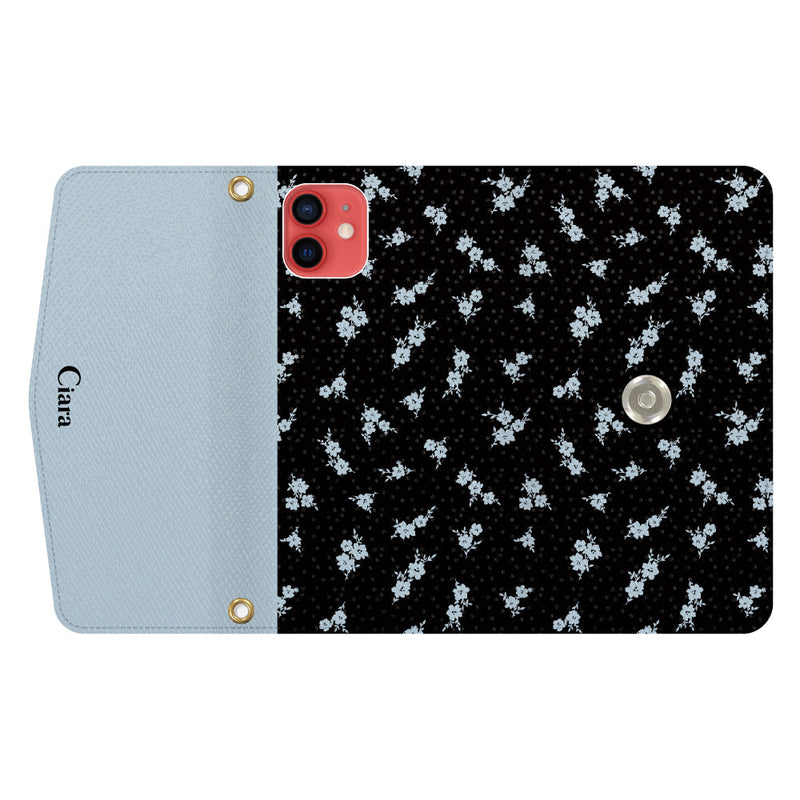 iPhoneケース  カード収納 ミラー ストラップ付き レザー 三つ折り 手帳型ケース ドットフラワー
