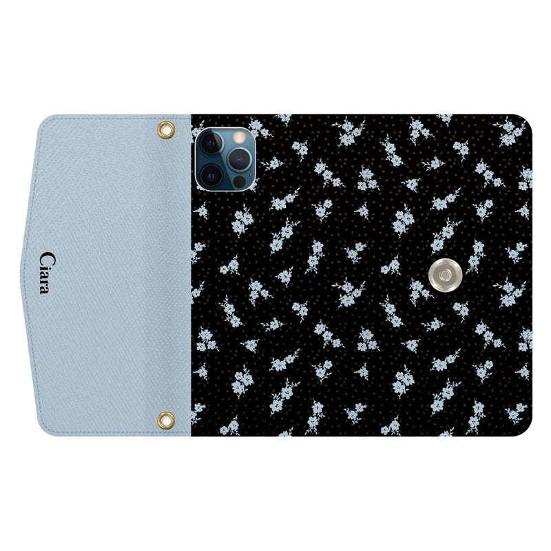 iPhoneケース  カード収納 ミラー ストラップ付き レザー 三つ折り 手帳型ケース ドットフラワー