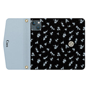 iPhone13miniケース 手帳型カード収納レザーケース ドットフラワー ブラック