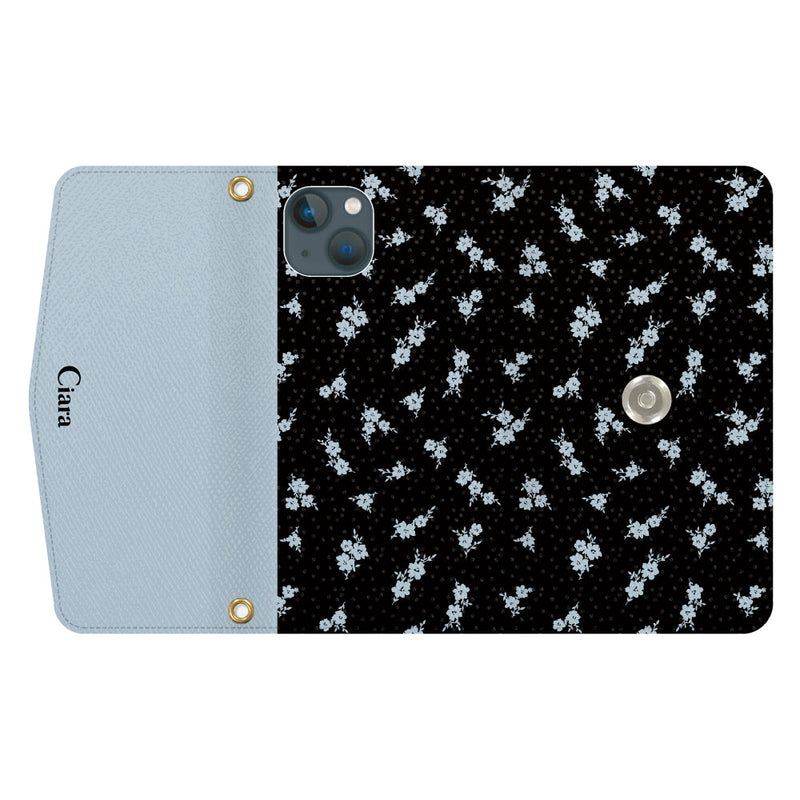 iPhoneケース  カード収納 ミラー ストラップ付き レザー 三つ折り 手帳型ケース ドットフラワー