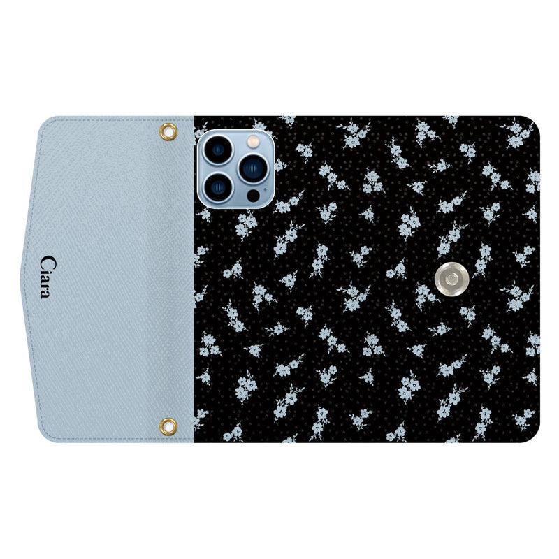 iPhoneケース  カード収納 ミラー ストラップ付き レザー 三つ折り 手帳型ケース ドットフラワー