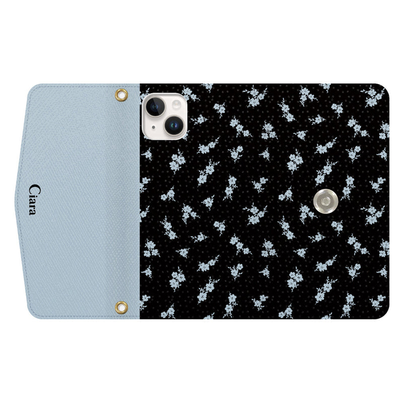 iPhoneケース  カード収納 ミラー ストラップ付き レザー 三つ折り 手帳型ケース ドットフラワー
