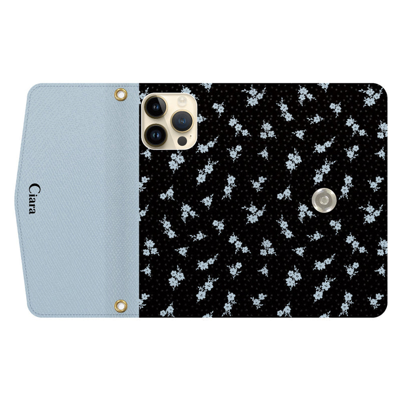 iPhoneケース  カード収納 ミラー ストラップ付き レザー 三つ折り 手帳型ケース ドットフラワー