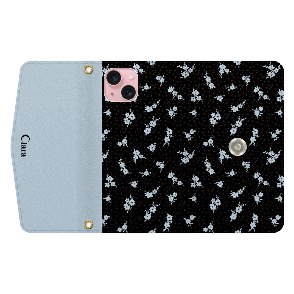 iPhone15ケース 手帳型カード収納レザーケース ドットフラワー ブラック