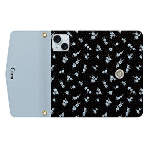 iPhone15Plusケース 手帳型カード収納レザーケース ドットフラワー ブラック