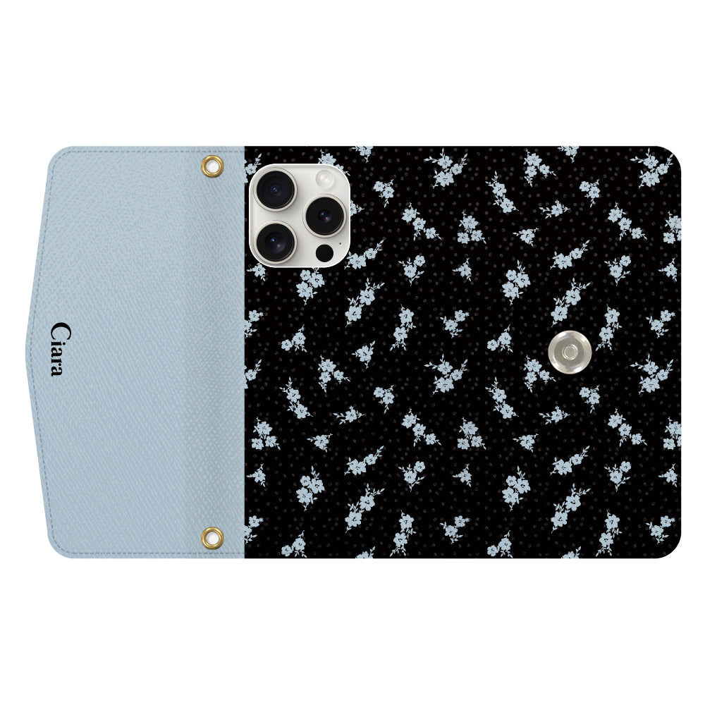 iPhone15ProMaxケース 手帳型カード収納レザーケース ドットフラワー ブラック