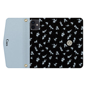 iPhoneXRケース 手帳型カード収納レザーケース ドットフラワー ブラック