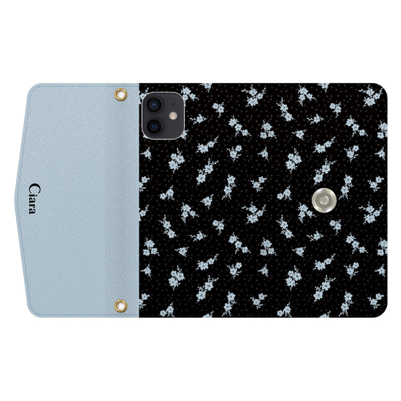 iPhoneケース  カード収納 ミラー ストラップ付き レザー 三つ折り 手帳型ケース ドットフラワー