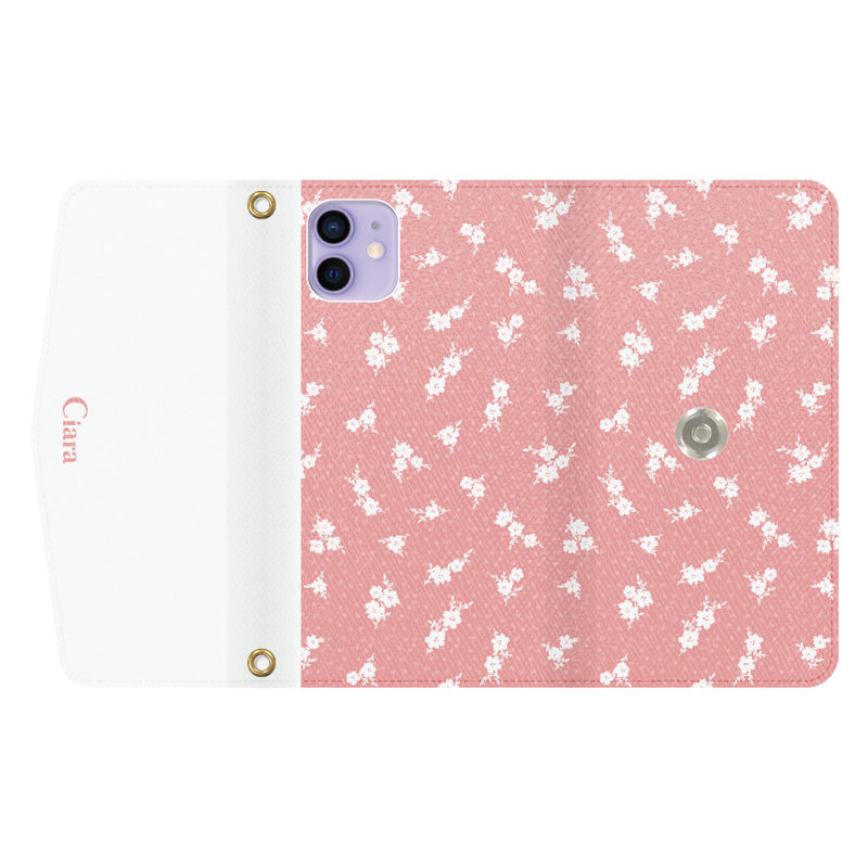 iPhoneケース  カード収納 ミラー ストラップ付き レザー 三つ折り 手帳型ケース ドットフラワー