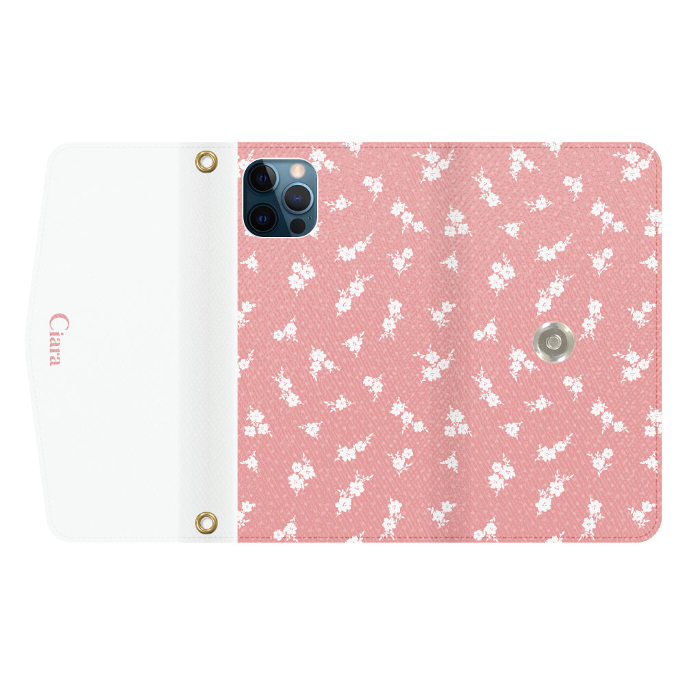iPhone12ProMaxケース 手帳型カード収納レザーケース ドットフラワー ピンク